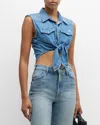 MOTHER THE SLEEVELESS KNOTTED EXES DENIM TOP