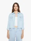 Mother The Super Exes Frayed Step Hem Crop Snap-up Denim Shirt In Light Blue