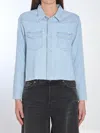 Mother The Super Exes Frayed Step Hem Crop Snap-up Denim Shirt In Blue