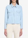 Mother The Super Exes Frayed Step Hem Crop Snap-up Denim Shirt In Light Blue