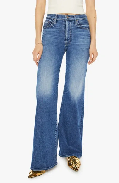 Mother Womens Homecoming High The Hustler Roller Sneak Flared Denim-blend Jeans In Blue
