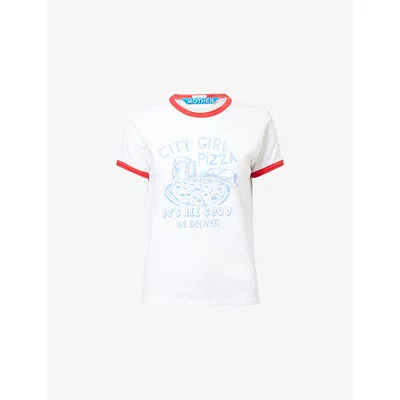 Mother Womens City Girl Pizza The Lil Goodie Ringer Graphic-print Cotton T-shirt Xs In White