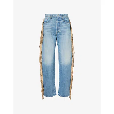 Mother Fringe Half-pipe Sneak Fringed High-rise Barrel-leg Jeans In Blue