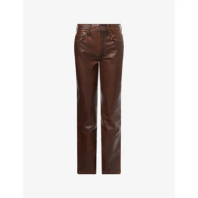 Mother Womens Just A Scratch The Insider Sneak Bootcut Faux-leather Trousers In Brown