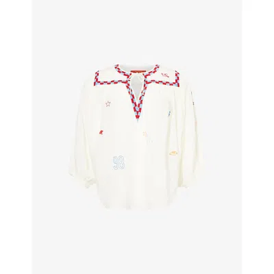 MOTHER WOMENS LAST LAP WHISPER WHITE BREEZE YOKE EMBROIDERED COTTON-BLEND BLOUSE