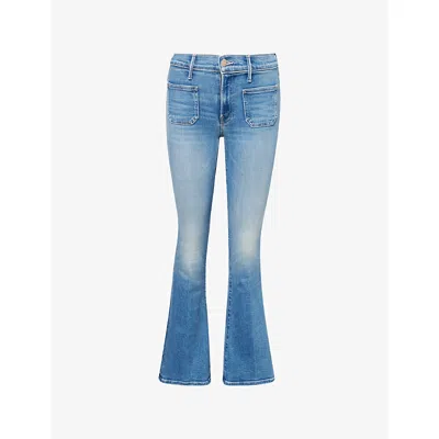Mother Womens Poppin Wheelies Lil' Patch Pocket Weekender Flared Stretch-denim Jeans In Blue