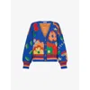 Mother Womens Fantasia The Button Floral-intarsia Wool-blend Cardigan In Blue