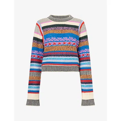 Mother Womens The Extra Crop Wool Knit Jumper Red Ivory Blue Multi