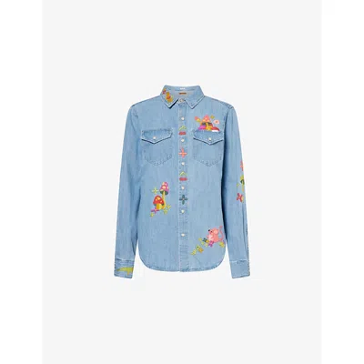 Mother Womens Cant Find My Classhroom The Honey Embroidered Denim Shirt Xs In Blue