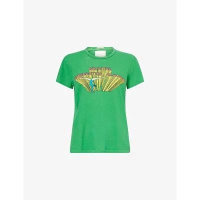 Mother Womens Mental Gymnastics The Sinful Printed Cotton And Linen T-shirt In Green