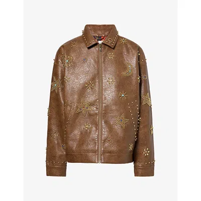 Mother Womens The Zip It Bead-embellished Faux-leather Jacket Brown And Cream