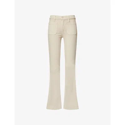 Mother Womens The Patch Pocket Weekender Flared Stretch-denim Blend Jeans Wacky Khaki In Cream Puffs