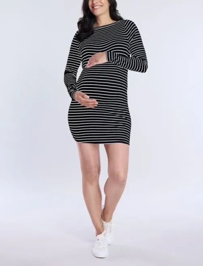 Motherhood Maternity Crew Neck Rib Knit Long Sleeve Mini Dress In Black & White Stripes