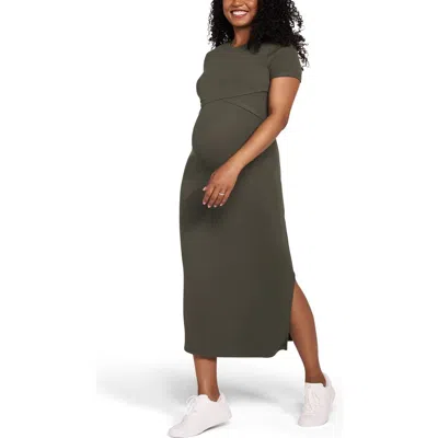 Motherhood Maternity Crew Neck Short Sleeve Nursing Midi Dress In Green
