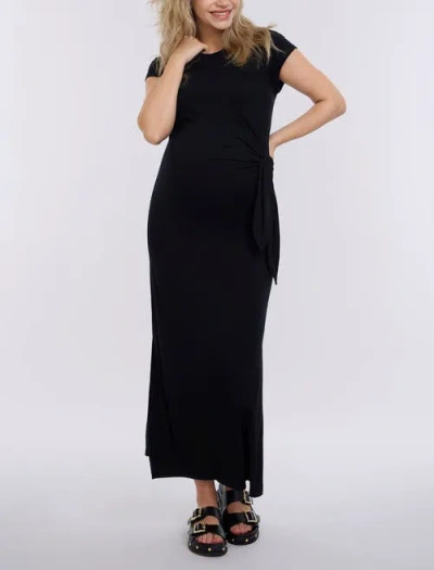 Motherhood Maternity Crew Neck Short Sleeve Side Tie Maternity Midi Dress In Black