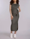 Motherhood Maternity Crew Neck Short Sleeve Side Tie Maternity Midi Dress In Green