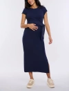 Motherhood Maternity Crew Neck Short Sleeve Side Tie Maternity Midi Dress In Navy Blazer