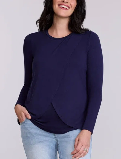 Motherhood Maternity Crewneck Long Sleeve Draped Nursing Tee In Blue