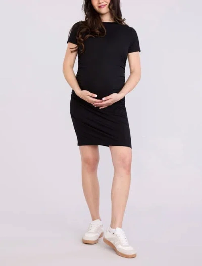 Motherhood Maternity Crewneck Short Sleeve Side Ruched Bodycon Mini Dress In Black