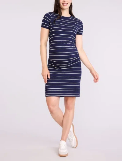 Motherhood Maternity Crewneck Short Sleeve Side Ruched Bodycon Mini Dress In Blue