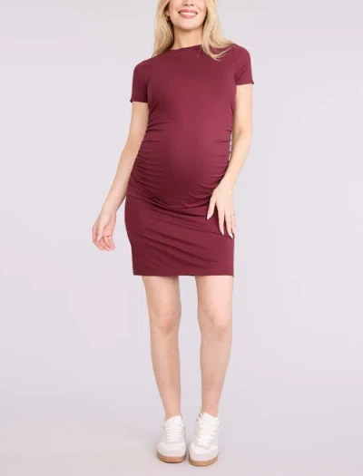 Motherhood Maternity Crewneck Short Sleeve Side Ruched Bodycon Mini Dress In Brown
