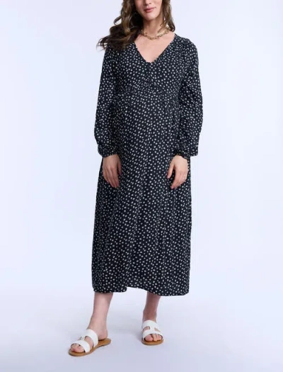 Motherhood Maternity Long Sleeve Button Front Maternity Midi Dress In Black Ditsy