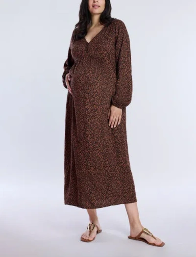 Motherhood Maternity Long Sleeve Button Front Maternity Midi Dress In Brown Animal
