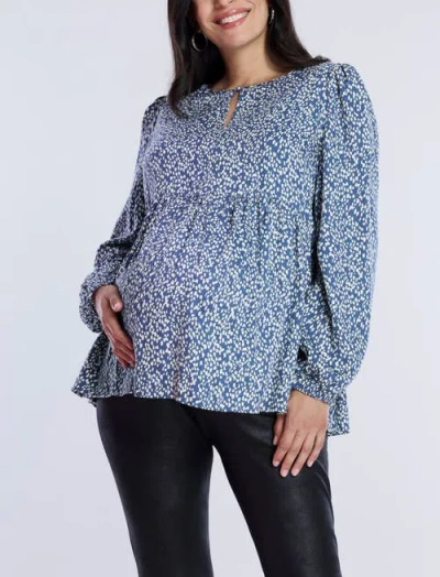 Motherhood Maternity Long Sleeve Empire Waist Keyhole Woven Blouse In Blue