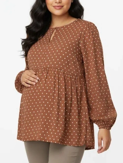 Motherhood Maternity Long Sleeve Empire Waist Keyhole Woven Blouse In Brown