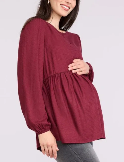 Motherhood Maternity Long Sleeve Empire Waist Keyhole Woven Blouse In Burgundy