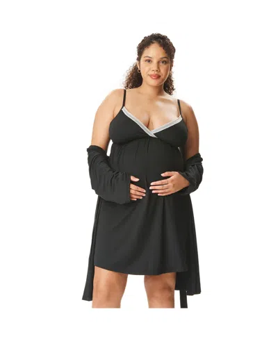 Motherhood Maternity Maternity Motherhood Robe And Nursing Chemise Sleep Set In Black