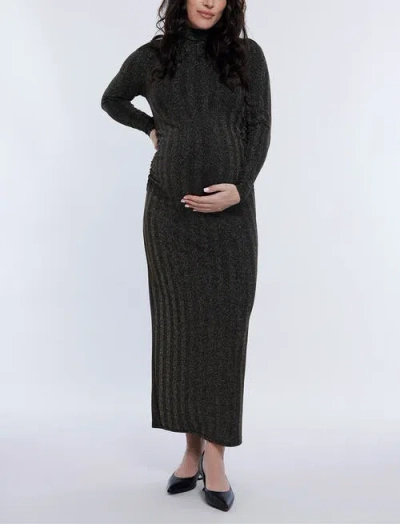 Motherhood Maternity Mesh Turtleneck Maxi Maternity Dress In Gold Lurex