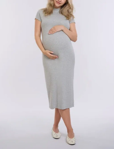 Motherhood Maternity Mock Neck Short Sleeve Ribbed Maternity Midi Dress In Heather Grey