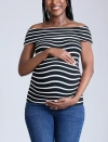 Motherhood Maternity Rib Knit Short Sleeve Off The Shoulder Top In Black & White Stripe