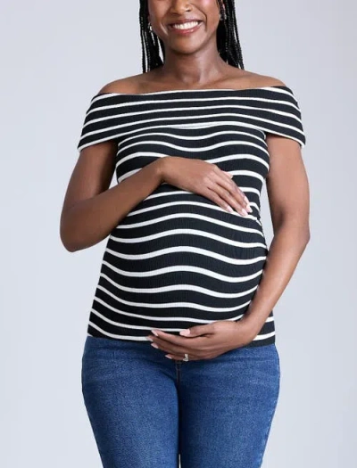 Motherhood Maternity Rib Knit Short Sleeve Off The Shoulder Top In Black & White Stripe