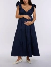 Motherhood Maternity Ruffle Sleeve Tie-back Maxi Maternity Dress In Navy Blazer
