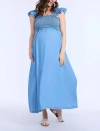 Motherhood Maternity Sleeveless Ruffle Shoulder Smocked Maxi Dress In Chambray