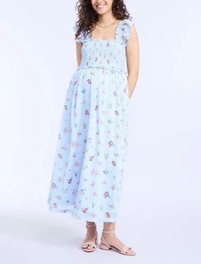 Motherhood Maternity Sleeveless Ruffle Shoulder Smocked Maxi Dress In Skyway Ditsy Floral