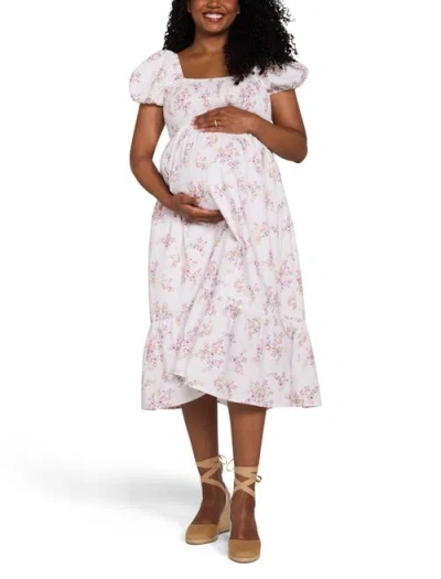 Motherhood Maternity Smocked Bodice With Puff Sleeves Midi Dress In Multi