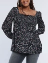 Motherhood Maternity Smocked Square Neck Long Sleeve Babydoll Maternity Top In Black Ditsy