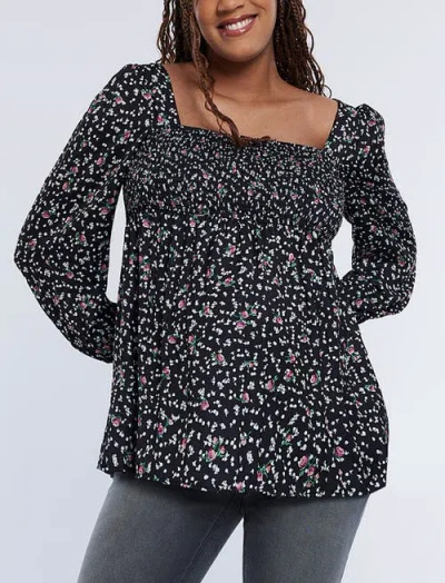 Motherhood Maternity Smocked Square Neck Long Sleeve Babydoll Maternity Top In Black Ditsy