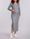Motherhood Maternity Square Neck Rib Knit Long Sleeve Bodycon Maxi Dress In Gray