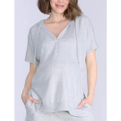 Motherhood Maternity V-neck Short Sleeve Hooded Top In Gray