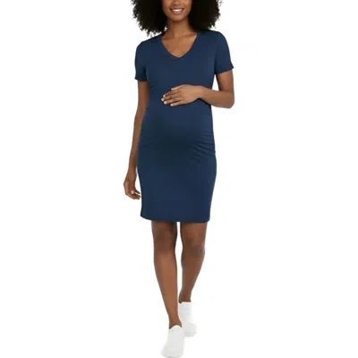 Motherhood Maternity V-neck Short Sleeve Side Ruched Bodycon Mini Dress In Blue
