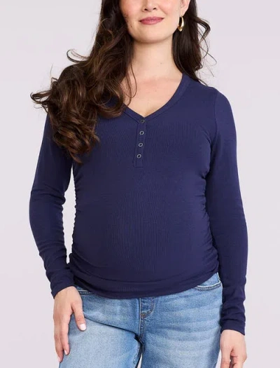 Motherhood Maternity V-neck Side-ruched Long Sleeve Henley Tee In Blue