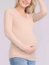 Motherhood Maternity V-neck Side-ruched Long Sleeve Henley Tee In Neutral