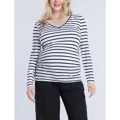 Motherhood Maternity V-neck Side-ruched Maternity Long Sleeve Tee In Black & White Stripe