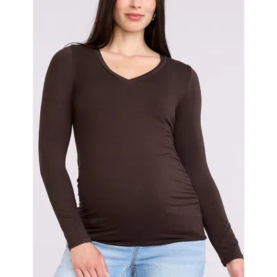 Motherhood Maternity V-neck Side-ruched Maternity Long Sleeve Tee In Brown