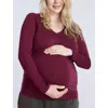Motherhood Maternity V-neck Side-ruched Maternity Long Sleeve Tee In Zinfandel