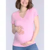 Motherhood Maternity V-neck Side-ruched Maternity Short Sleeve Tee In Pink